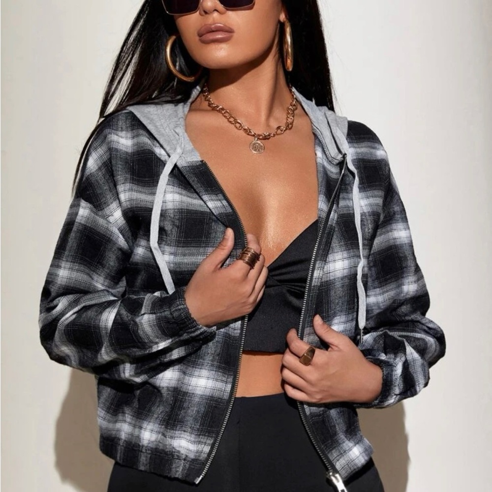 Plaid Drawstring Zip-up Hooded Jacket